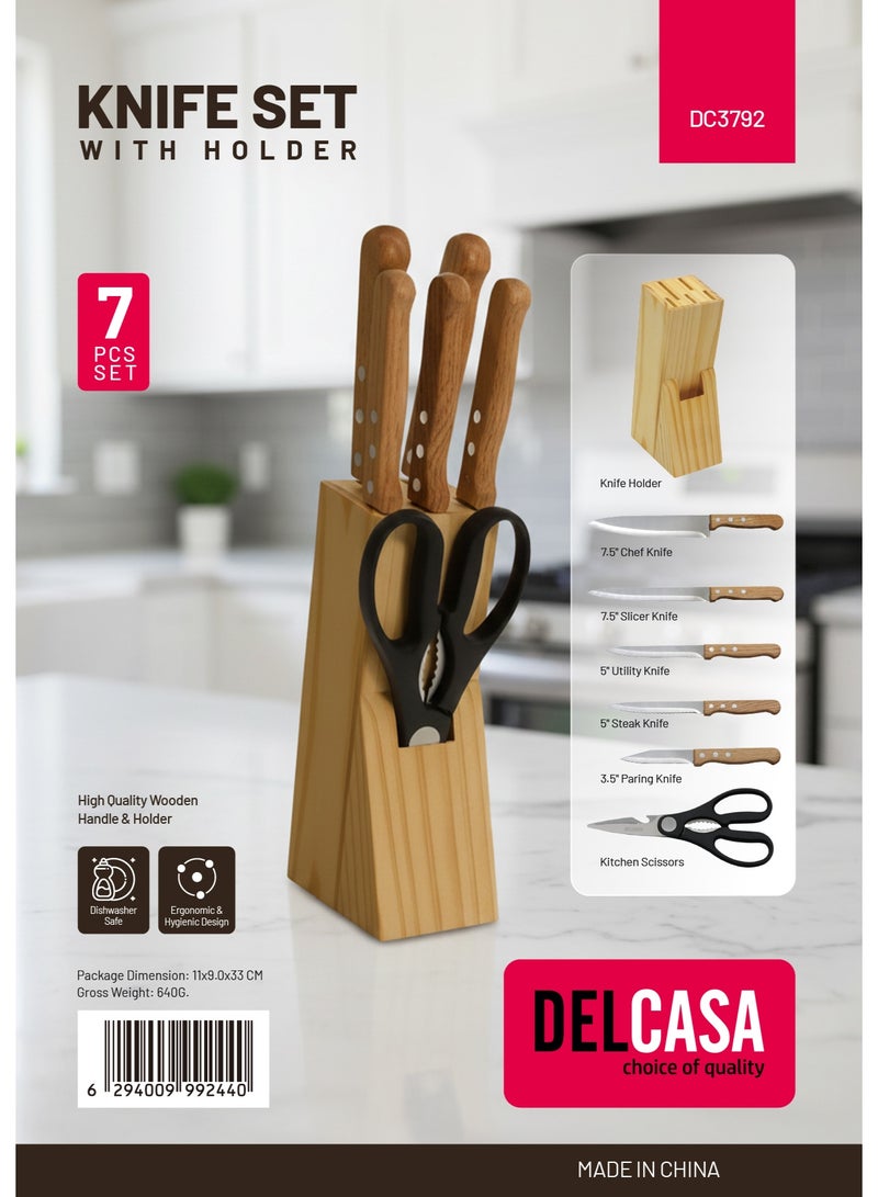Delcasa Kitchen Knife Set- DC3792 Includes Chef, Slicer, Utility, Steak, Paring Knives and Scissors Stylish Wooden Holder and Handle - Image 3